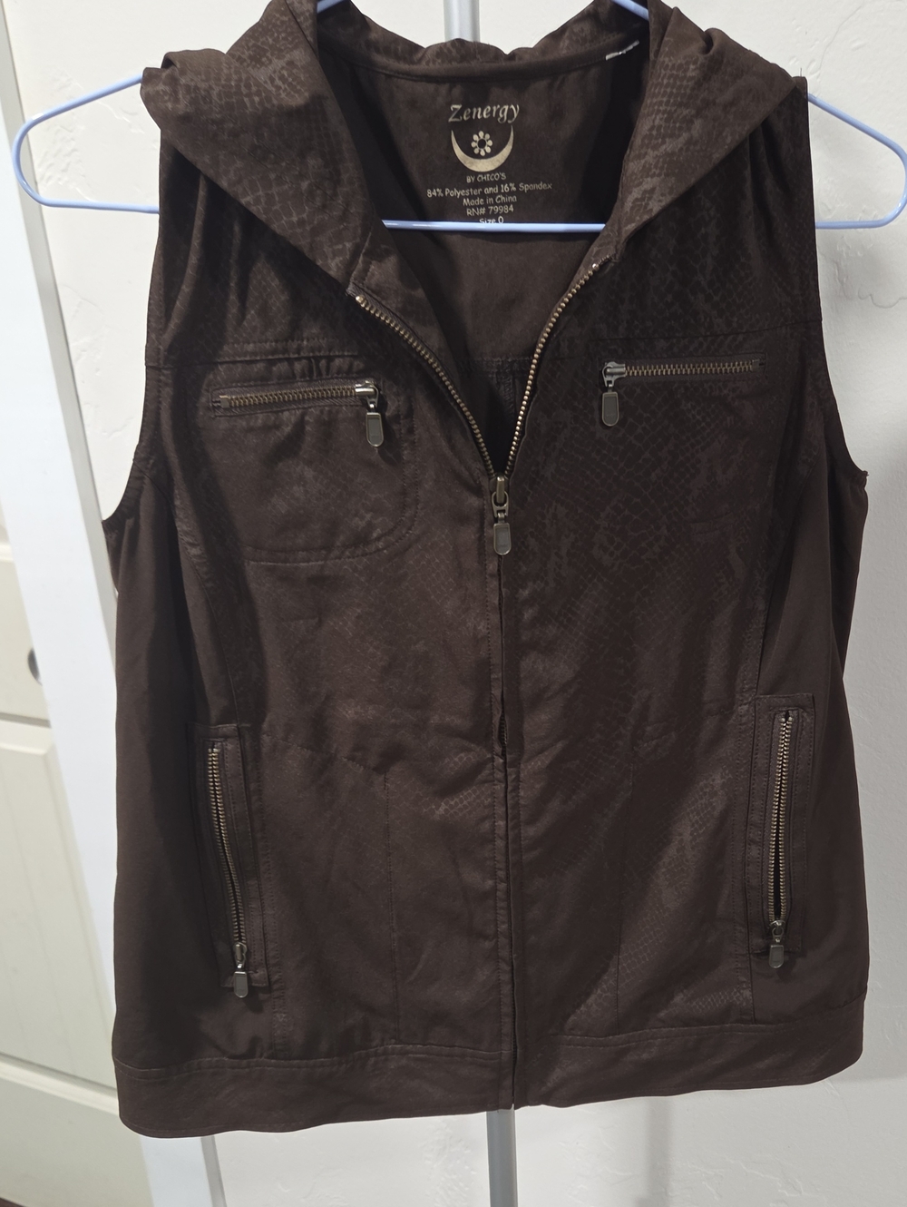 Women's Hooded Brown Zip-Front Vest
